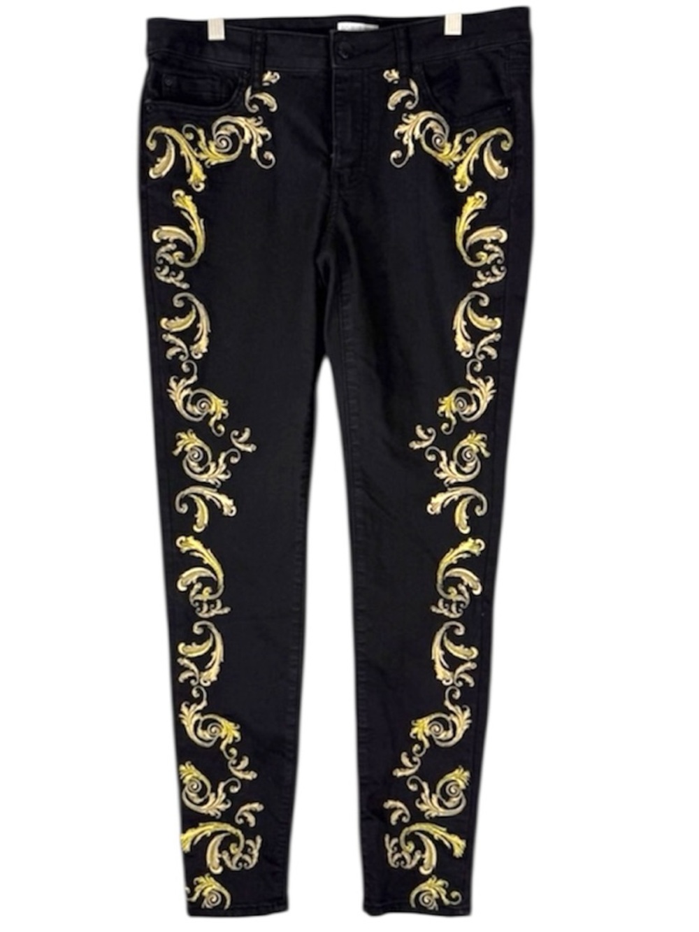 Bisou Bisou Black Skinny Jeans Gold Baroque Embroidery Size 8 Statement Denim